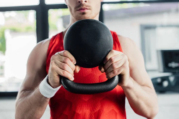 Cropped View Athletic Man Exercising Heavy Dumbbell Sports Center — Stock Photo, Image