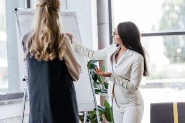 Gözlüklü seçici iş kadını tablosunu işaret ediyor ve iş arkadaşına bakıyor. 