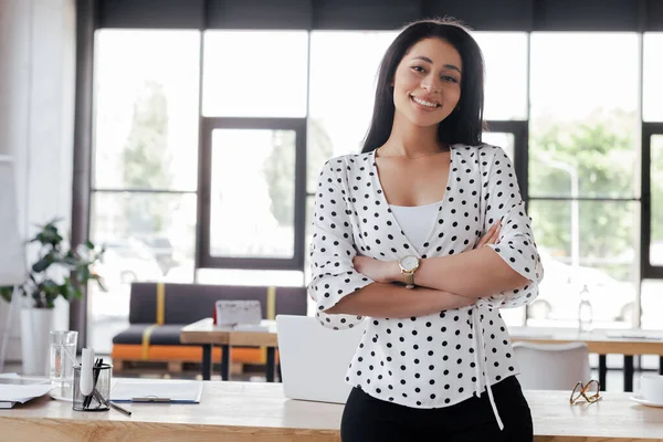 Cheerful Businesswoman Standing Crossed Arms Office — Stock Photo, Image