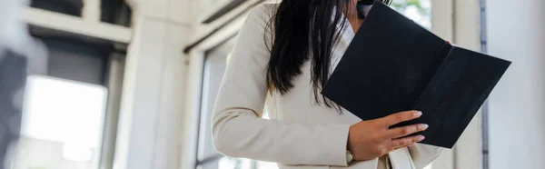 Panoramic Crop Businesswoman Holding Notebook Office — Stock Photo, Image