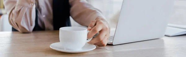 Website Header Businesswoman Touching Cup Coffee Laptop — Stock Photo, Image