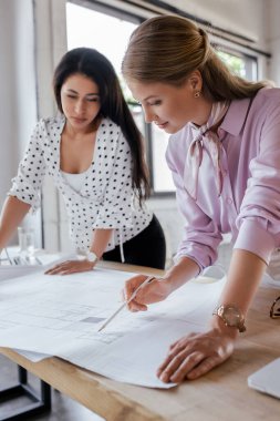 Ofisteki planlara bakan çekici iş kadınlarının seçici odak noktası