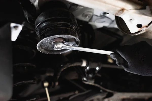 Cropped View Mechanic Holding Wrench While Fixing Vehicle — Stock Photo, Image