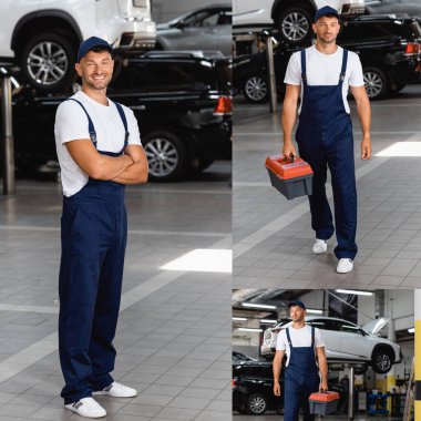 Üniformalı ve şapkalı mutlu tamirci kolajı çapraz kollarla ayakta duruyor ve araba servisinde alet çantasıyla yürüyor.
