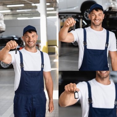 Üniformalı mutlu tamirci kolajı ve servis merkezinde araba anahtarı.