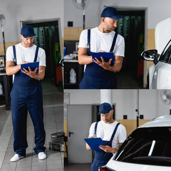 Collage Mechanic Uniform Cap Holding Clipboard Looking Car — Stock Photo, Image