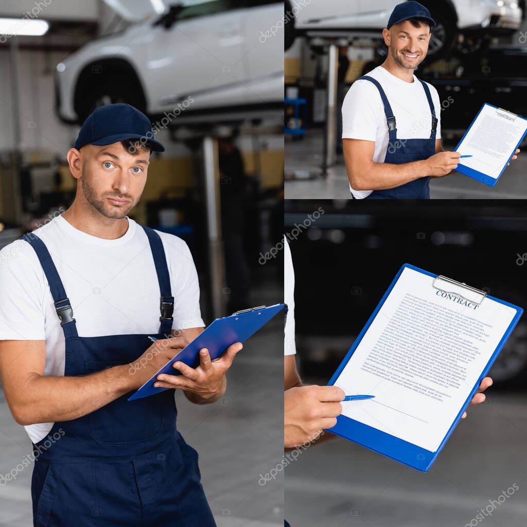 collage of handsome mechanic in uniform and cap holding clipboard with contract and smiling in service center