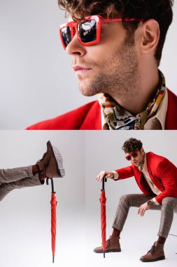 Collage of stylish man in sunglasses looking away, posing and leaning on umbrella on grey clipart