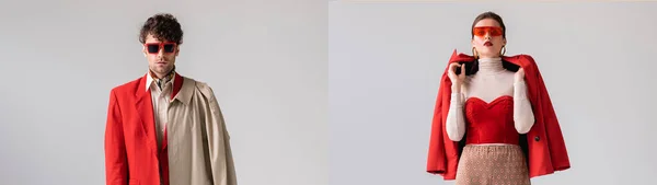 Колаж Модного Чоловіка Жінки Сонцезахисних Окулярах Позує Ізольовано Сірому Панорамному — стокове фото