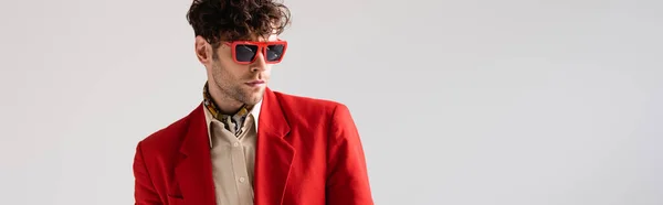 Website Header Fashionable Man Red Blazer Sunglasses Isolated Grey — Stock Photo, Image