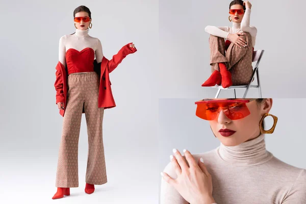 Коллаж Модной Девушки Красных Солнцезащитных Очках Сидящей Стуле Скрещенными Ногами — стоковое фото