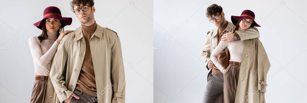 collage of young couple posing in fashionable autumn clothes on grey, horizontal image