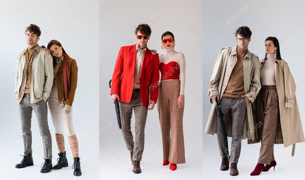 collage of young couple in trendy and elegant autumn clothes posing on grey, horizontal image
