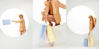 Beyaz arka planda yuvarlak deliğin yanında alışveriş torbaları tutan şık model kolajı 