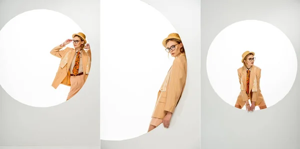 Collage Chica Moda Posando Cerca Agujero Redondo Sobre Fondo Blanco — Foto de Stock