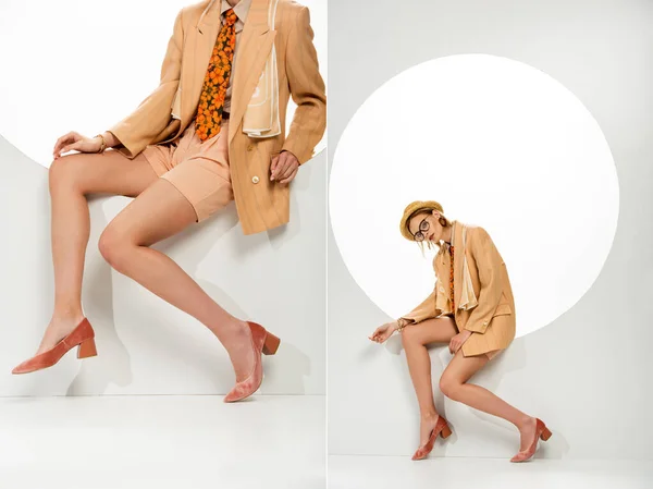 Коллаж Модной Девушки Смотрящей Камеру Сидящей Кругу Белом Фоне — стоковое фото