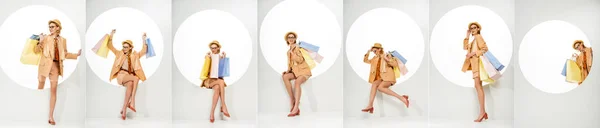 Коллаж Улыбающейся Модной Девушки Позирует Пакетами Покупок Рядом Круглым Отверстием — стоковое фото