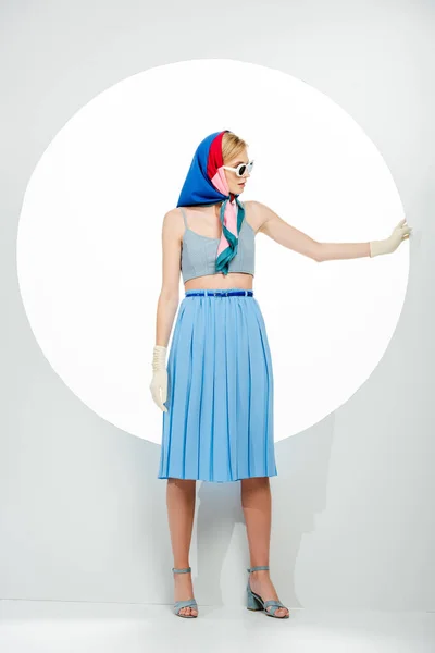 Fashionable Girl Blue Skirt Sunglasses Touching Hole White Background — Stock Photo, Image