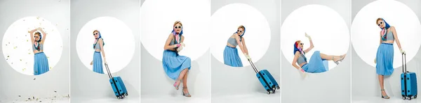 Collage Stylish Girl Posing Falling Confetti Blue Suitcase Price Tags — Stock Photo, Image