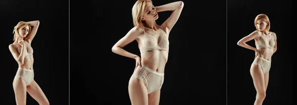 Collage Sexig Kvinna Beige Underkläder Poserar Isolerad Svart — Stockfoto