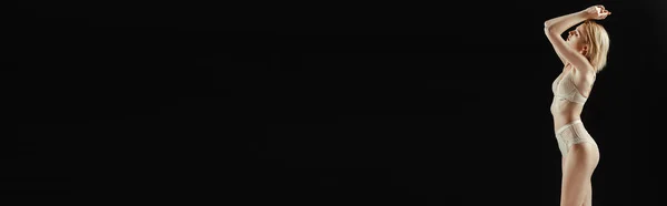 Панорамный Снимок Красивой Блондинки Женском Белье Изолированном Черном — стоковое фото