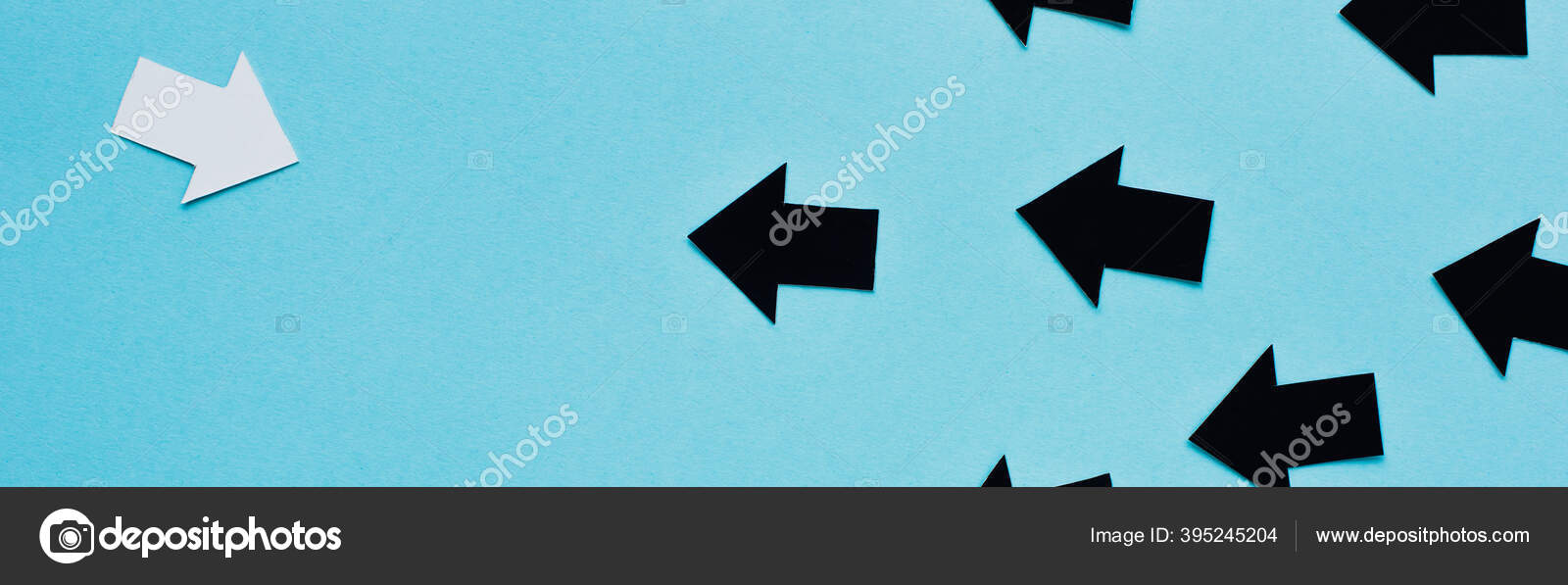 Panoramic Shot Black White Arrows Blue Background Leadership Concept