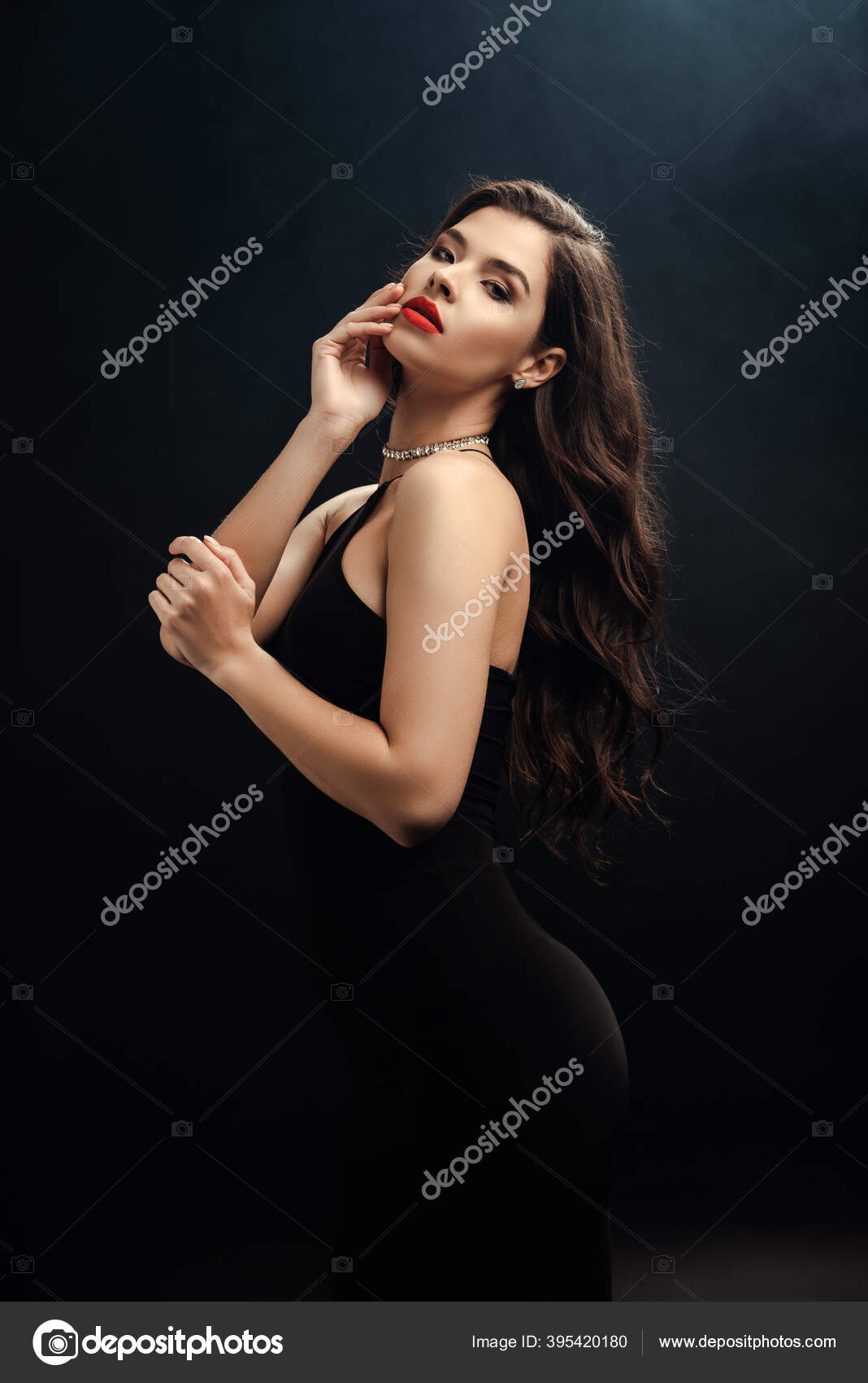 Sexy Woman Black Dress Looking Camera