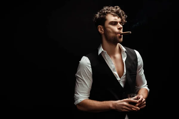 Handsome Man Shirt Waistcoat Holding Glass Whiskey Smoking Cigar Isolated — Stock Photo, Image