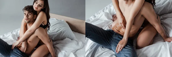 Коллаж Сексуальной Женщины Обнимающей Мужчину Рубашки Постели Сером Фоне — стоковое фото