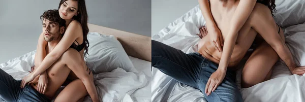 Colagem Mulher Sexy Abraçando Homem Sem Camisa Cama Fundo Cinza — Fotografia de Stock