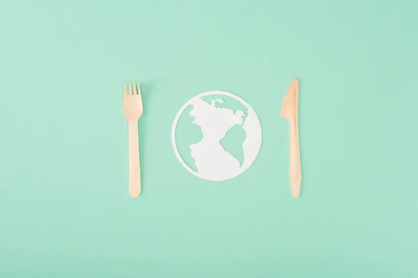 Top View Wooden Cutlery Papers Planet Sign Green Background Ecology — Stock Photo, Image