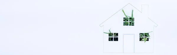 Fotografie Panoramică Casei Desenate Iarbă Verde Fundal Alb Concept Ecologie — Fotografie, imagine de stoc