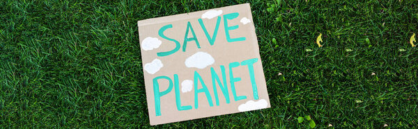 Horizontal crop of placard with save planet lettering on green grass, ecology concept