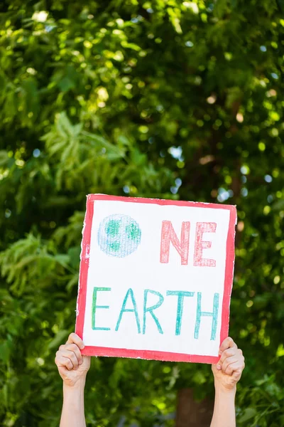 Cropped View Man Holding Placard One Earth Lettering Hands Trees — Stock Photo, Image