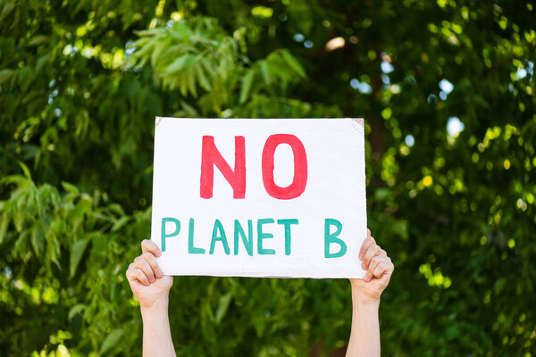 Cropped view of man holding placard with no planet b lettering with trees at background, ecology concept