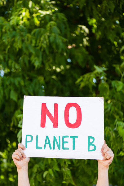 Cropped view of man holding placard with no planet b lettering in hands with trees at background, ecology concept