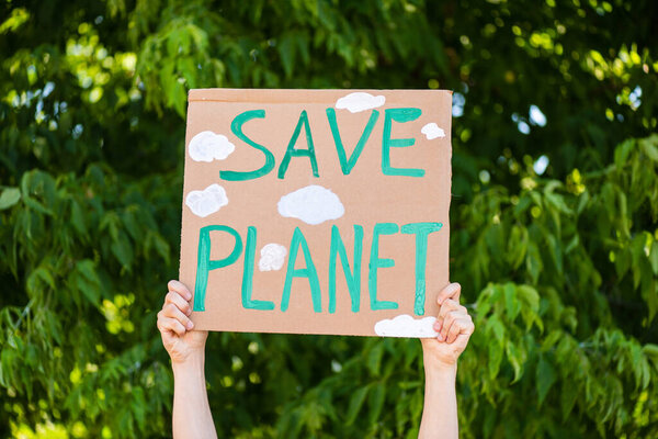 Обрезанный вид человека, держащего плакат с надписью "сохранить планету" с деревьями на заднем плане, экологическая концепция