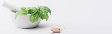 Beyaz arka planda hapların yanında havanda yeşil yaprakların panoramik çekimi, naturopati kavramı