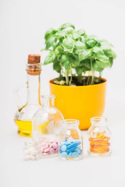 Saksıdaki yeşil bitkinin seçici odağı cam şişelerdeki hapların yanında ve beyaz arka planda gerekli yağ, naturopati konsepti