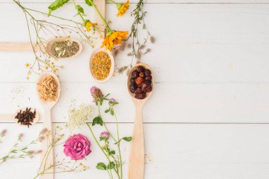 Kaşıklar içindeki bitkilerin ve beyaz ahşap arka plandaki çiçeklerin üst görünümü, naturopati kavramı