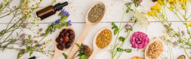 Çiçeklerin yanındaki kaşıklardaki bitkilerin panoramik görüntüsü ve beyaz ahşap arka plandaki şişe, naturopati konsepti