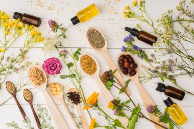 top view of herbs in spoons near flowers and bottles on white wooden background, naturopathy concept clipart