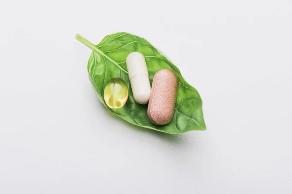 Pastillas Sobre Hoja Verde Sobre Fondo Blanco Concepto Naturopatía —  Fotos de Stock