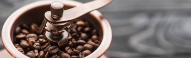 close up view of vintage coffee grinder with coffee beans, panoramic shot clipart