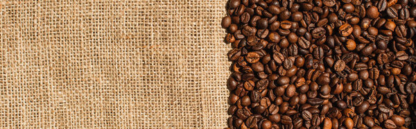 top view of roasted coffee beans on sackcloth, panoramic shot
