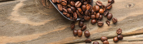 top view of metal scoop with coffee beans on wooden surface, panoramic shot