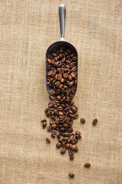 top view of metal scoop with coffee beans on sackcloth