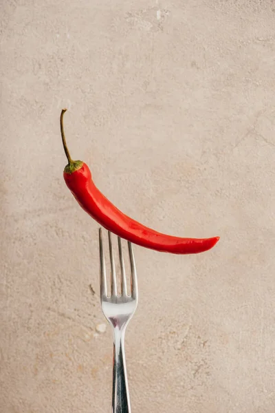 Red Chili Pepper Fork Beige Concrete Background — Stock Photo, Image