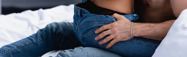 Panoramic Crop Woman Jeans Sitting Man Bedroom — Stock Photo, Image