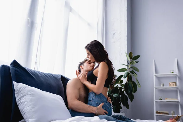 Seductive Woman Hugging Shirtless Man Bedroom — Stock Photo, Image